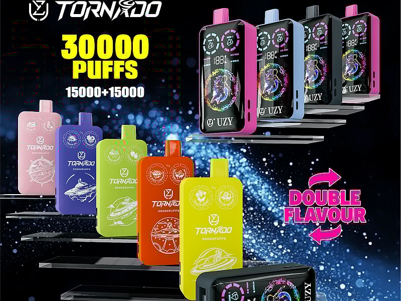 Eine farbenfrohe Darstellung verschiedener Tornado-Vaporizer mit unterschiedlichen Geschmacksrichtungen und Kapazitäten, mit auffälligen Texten wie „30.000 Züge“ und „Doppelter Geschmack“ in einem lebendigen Design auf dunklem Hintergrund.