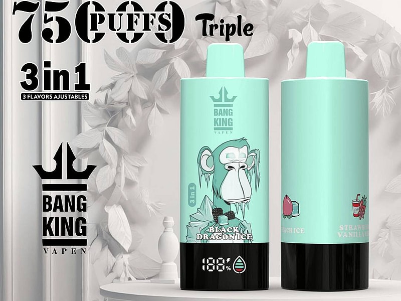 A close-up of a teal vape device labeled 'BANG KING' featuring three flavors: 'Black Dragon Ice,' 'Peach Ice,' and 'Strawberry Vanilla,' displayed on a white pedestal surrounded by decorative foliage, with visible battery percentage at 188% and Type-C charging port.