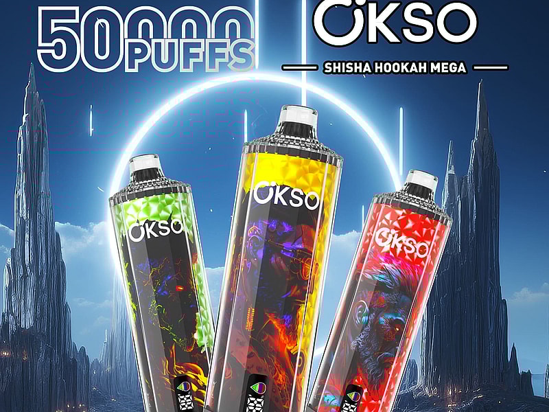 Drei farbenfrohe OKSO Shisha Hookah Mega-Vape-Geräte werden vor einer futuristischen Landschaft präsentiert, mit kräftigen Grafiken und Angaben zu Funktionen wie 50.000 Zügen, einstellbarer Luftstrom, Dreifach-Mesh-Spule, wiederaufladbarem Typ C, 1100-mAh-Akku und 40 ml E-Liquid-Kapazität.