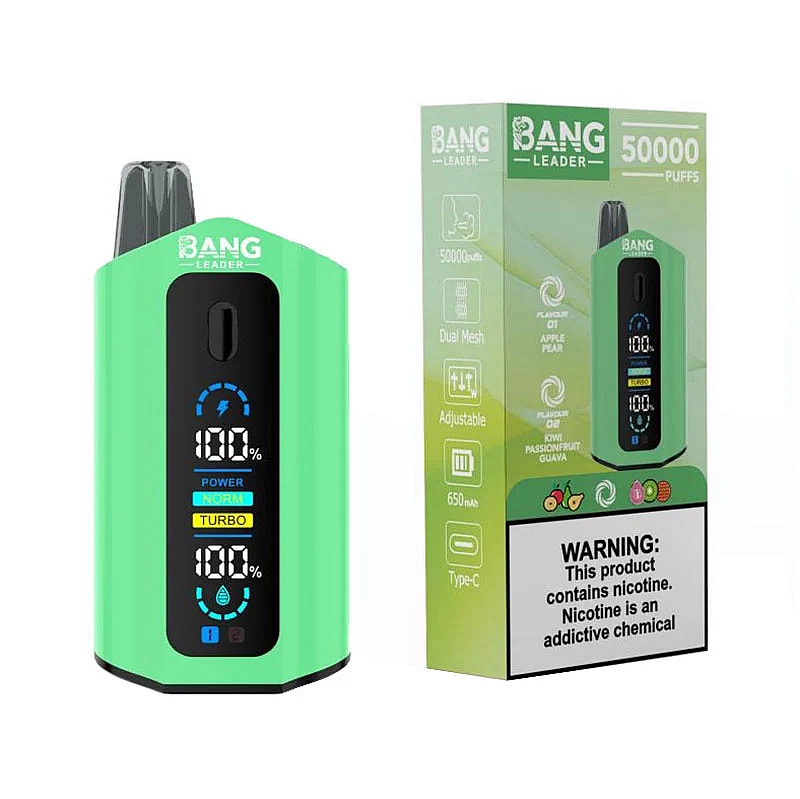 A green disposable vape device with digital displays showing battery level and power settings, next to its packaging that highlights features like 50,000 puffs, dual mesh, and flavors of apple pear and passionfruit guava, along with a warning about nicotine.