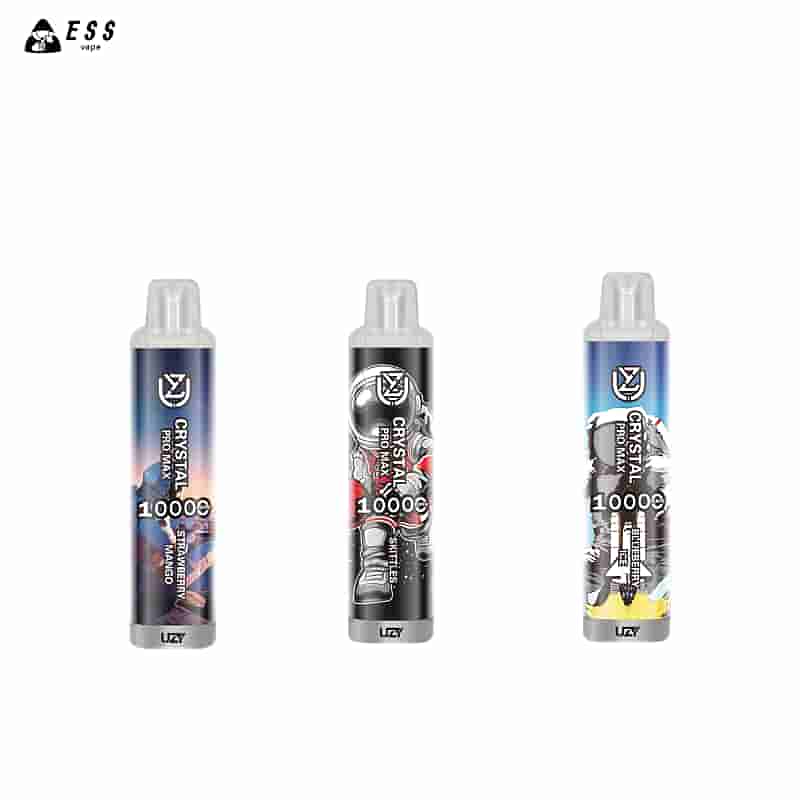 Three Cylindrical Disposable Vapes With A Capacity Of 10000 Puffs, Featuring Colorful Designs And Labeled Flavors: &Quot;Strawberry Mango,&Quot; &Quot;Skittles,&Quot; And &Quot;Blueberry Ice.&Quot;
