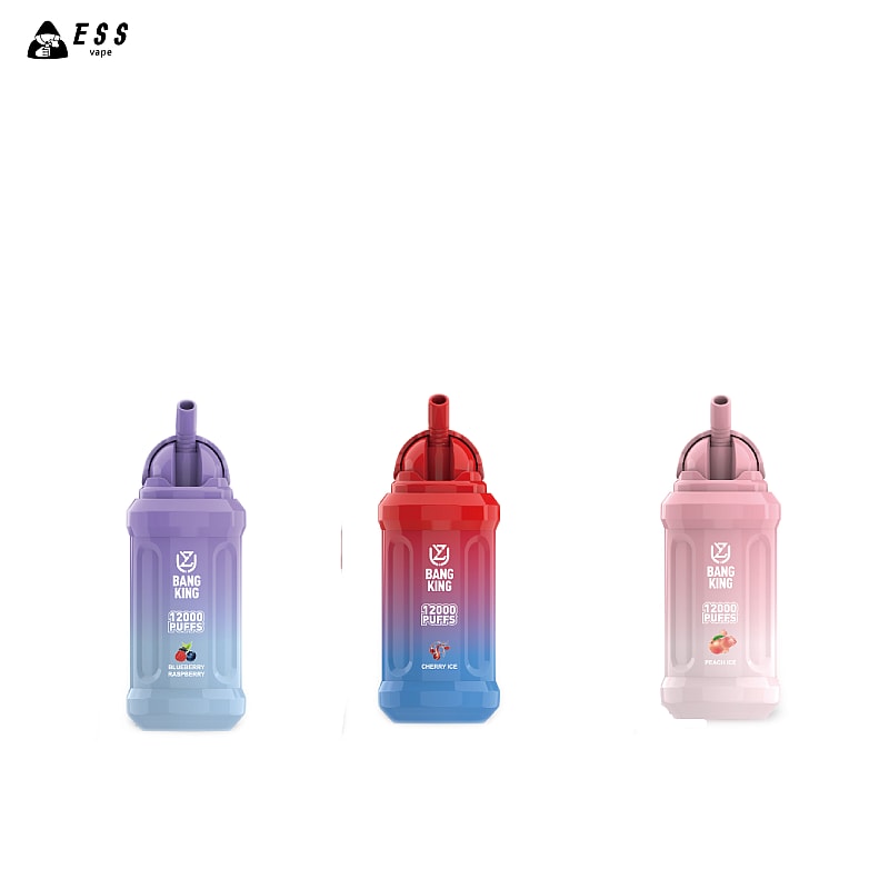 Three disposable vape devices in purple, red, and pink colors, labeled as "Bang King" with varying flavors: blueberry, cherry ice, and peach, each offering 12,000 puffs.