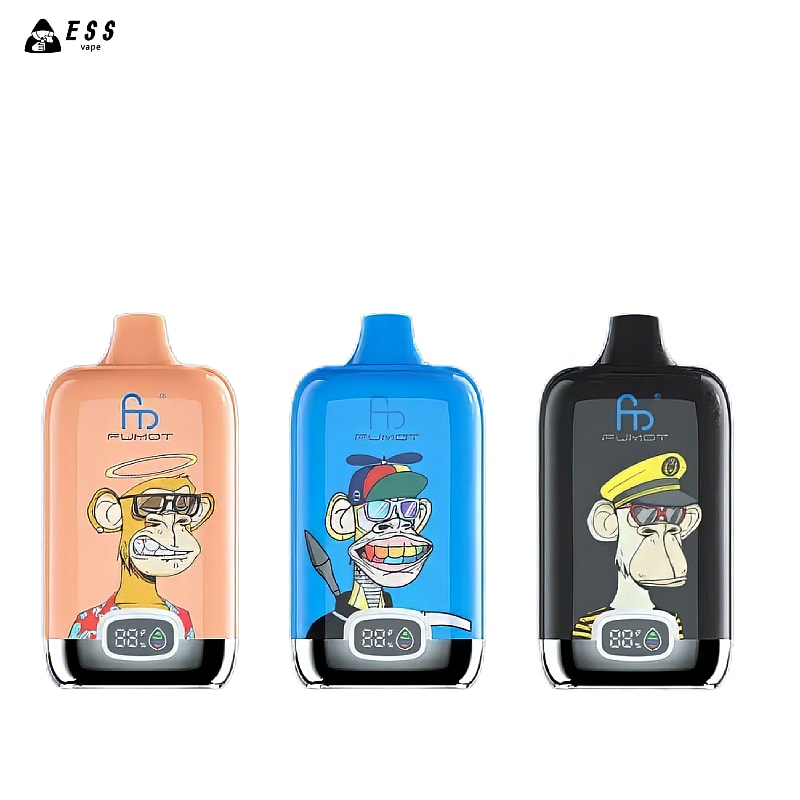 Tre colorati dispositivi per lo svapo raffiguranti scimmie dei cartoni animati con cappelli e occhiali da sole diversi, ognuno con un display digitale nella parte inferiore.
