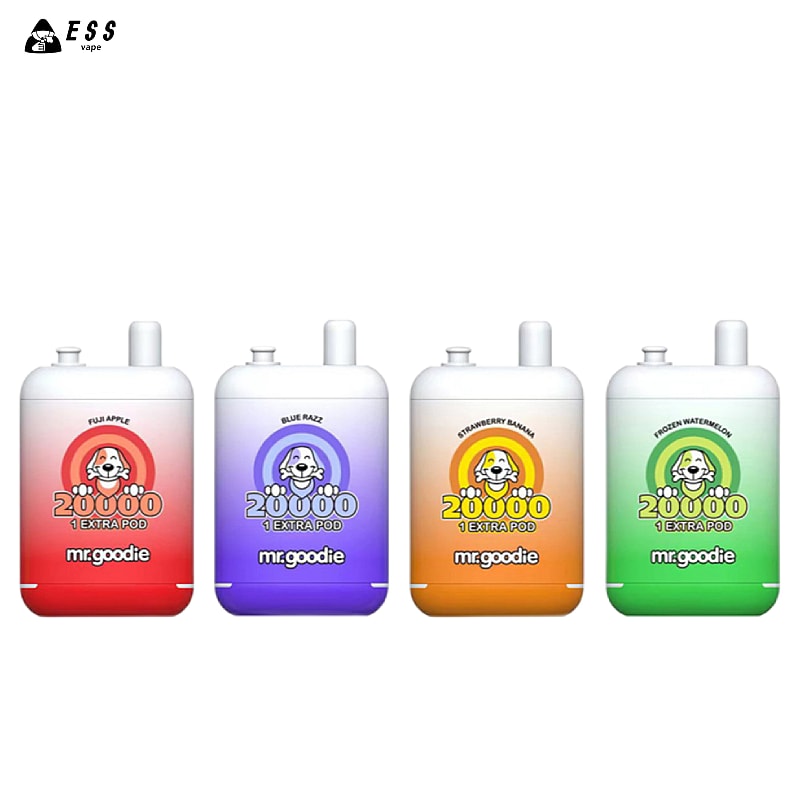 Four colorful vape devices labeled "mr.goodie" in flavors: Fuji Apple (red), Blue Razz (purple), Strawberry Banana (orange), and Frozen Watermelon (green), each featuring "20,000 puffs" and "1 extra pod."