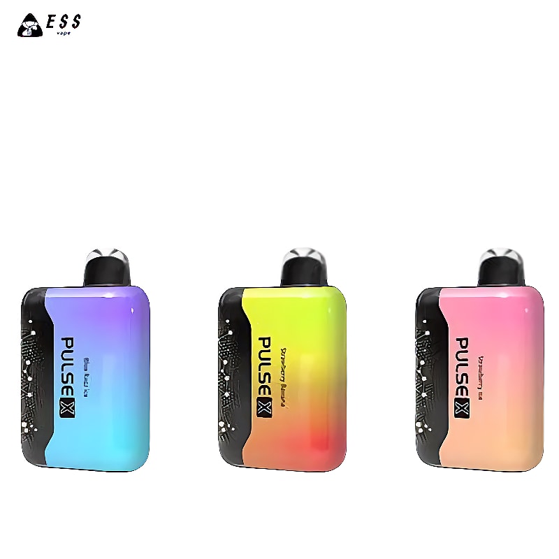 Tres dispositivos de vapeo coloridos etiquetados como "Pulse X", con un agarre lateral negro y un diseño degradado: el primero es de azul a morado, el segundo es de amarillo a naranja y el tercero es de rosa a melocotón.