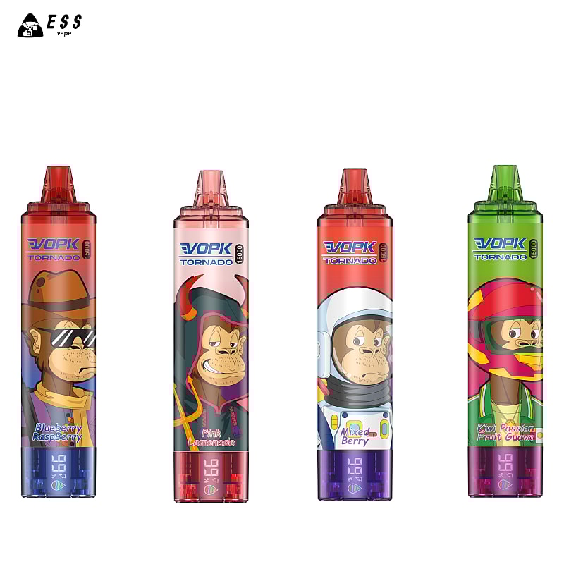 Quattro colorati dispositivi per svapare usa e getta con personaggi dei cartoni animati raffiguranti scimmiette sulla confezione, etichettati con diversi gusti: mirtillo e lampone, limonata rosa, frutti di bosco misti e kiwi e frutto della passione e guava.
