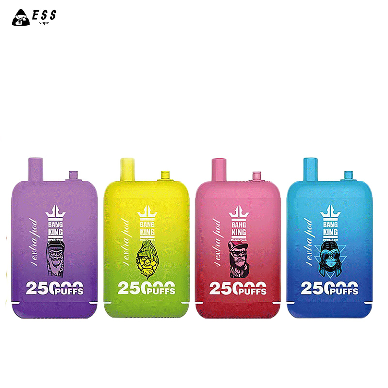Quattro sigarette elettroniche usa e getta colorate, in viola, giallo, rosa e blu, con le etichette "Bang King" e "25000 puffs" e volti illustrati.