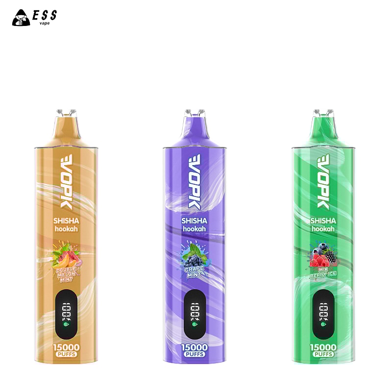 Tre dispositivi di svapo monouso colorati etichettati "VORK" con 15.000 boccate. I gusti includono Double Melon Mint (arancione), Grape Mint (viola) e 4 Mix Berry Ice (verde).