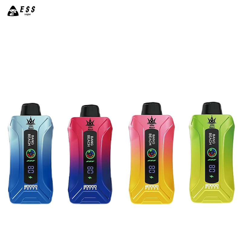 Quattro dispositivi per svapare colorati con il marchio "BANG BEACH" e uno schermo digitale che mostra "20000 PUFFS". I dispositivi sono blu, rosso, rosa, giallo e verde.