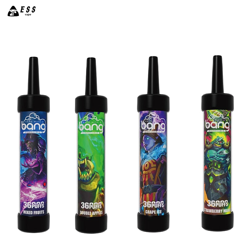 ESS Vape brand products with four different disposable vape flavors: Mixed Fruits, Double Apples, Grape Ice, and Strawberry Mango.