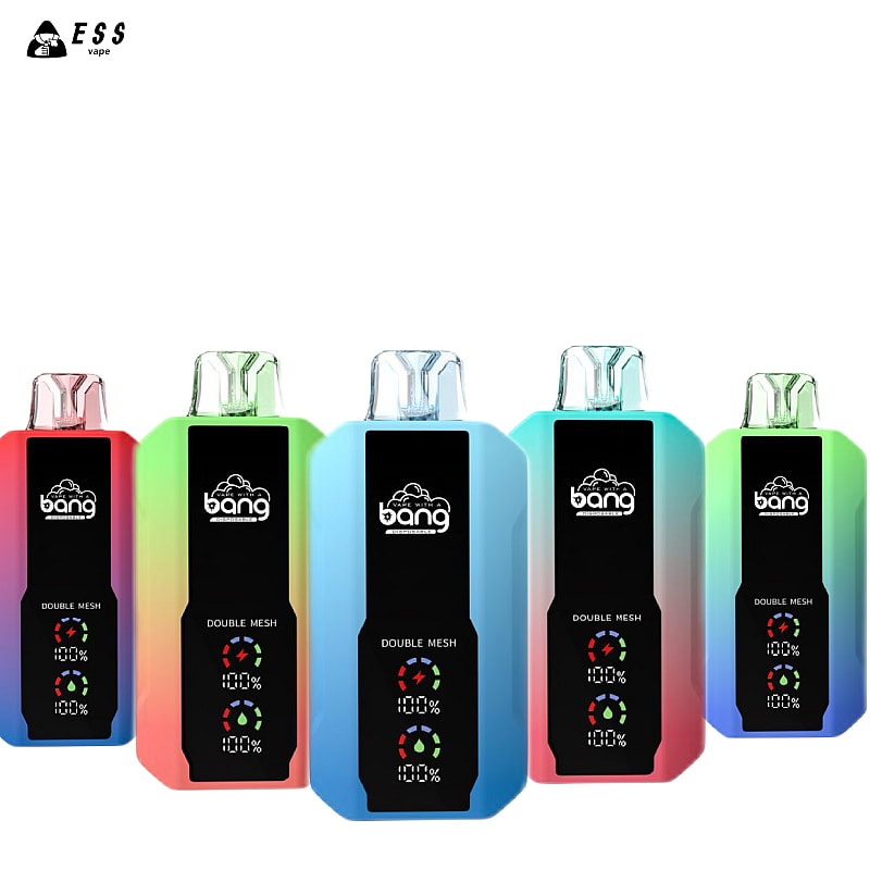 Five colorful Bang disposable vape devices with "Double Mesh" technology, featuring black central panels displaying power and usage indicators, arranged in a row.