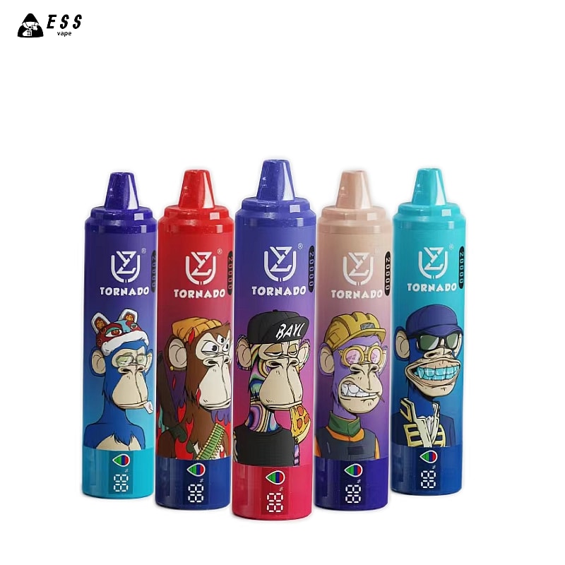 Cinque penne per svapare colorate con disegni di scimmie dei cartoni animati in diversi abiti ed espressioni. Il marchio "Tornado" e un logo sono visibili su ogni penna.