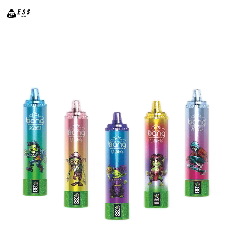 Bolígrafos vaporizadores desechables coloridos con diseños de dibujos animados de zombies y personajes, etiquetados "Bang Blaze", en un empaque vibrante.