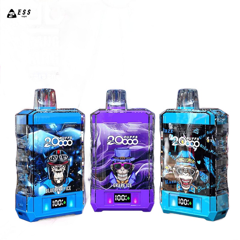 Three colorful disposable vape devices with digital puff counters, labeled "20,000 puffs," featuring designs of skulls wearing hats and goggles, and flavors like Blueberry Ice and Grape Ice.