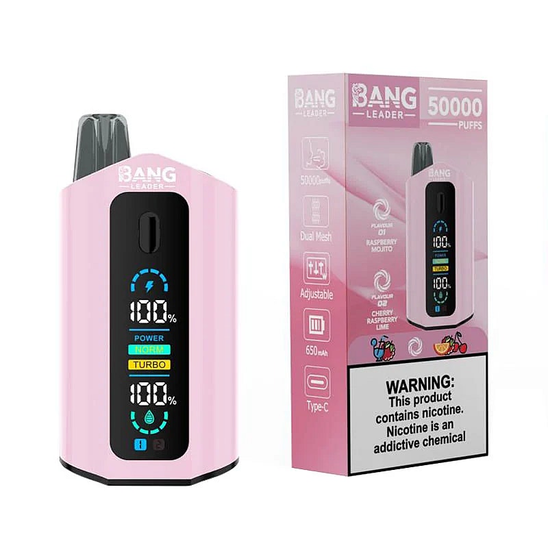 A pink electronic vape device with a digital display showing battery percentage and power modes, next to its packaging that features flavor labels and a nicotine warning label.