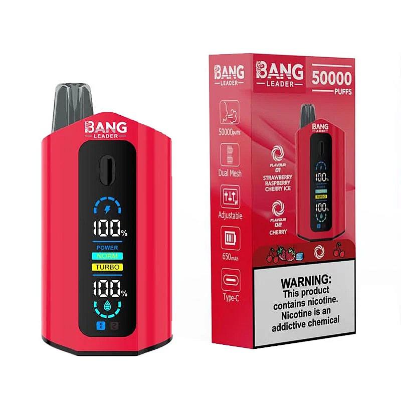 A red vaping device labeled 'BANG LEADER' with a digital display showing battery and power settings, next to its packaging highlighting flavors and warnings, including features like 50000 puffs and Type-C charging.