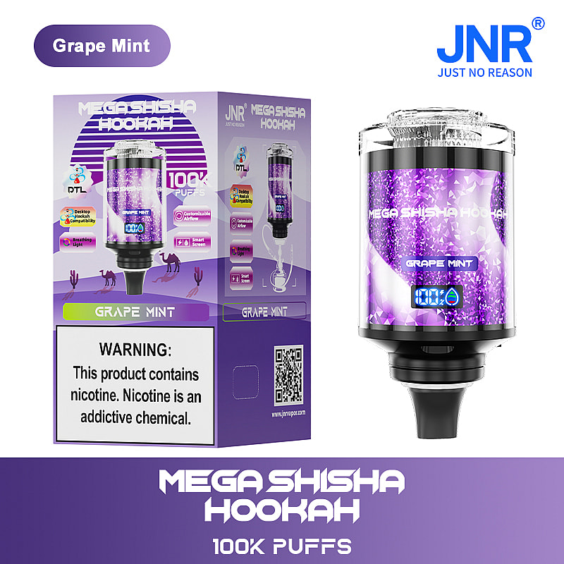A packaging design for the 'Mega Shisha Hookah Grape Mint' featuring a purple and silver hookah device, with a digital display indicating 100,000 puffs, alongside warning labels about nicotine; the background includes graphics related to shisha use.