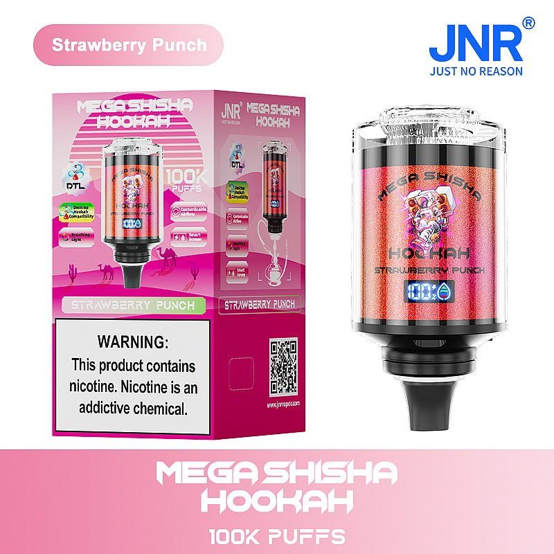 A colorful packaging of a 'Mega Shisha Hookah' labeled 'Strawberry Punch,' featuring a transparent hookah device on the right, with a display indicating 100K puffs, and a warning about nicotine on the left side.