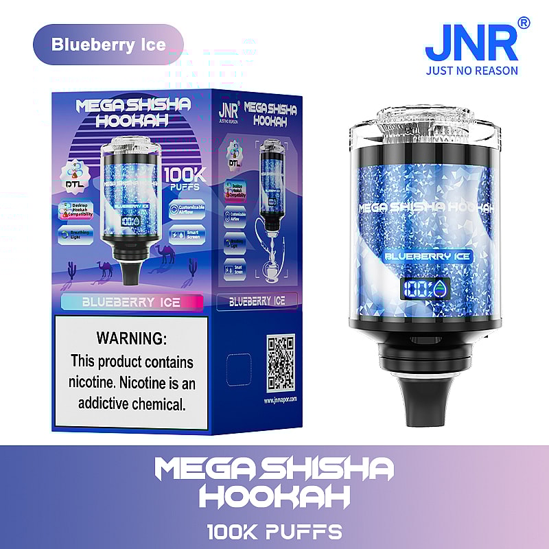 Product packaging for JNR's Mega Shisha Hookah in Blueberry Ice flavor, featuring a transparent device with blue liquid, detailed product information, a nicotine warning label, and a colorful design.