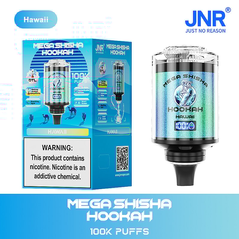 A vibrant, detailed advertisement for the JNR Mega Shisha Hookah featuring the product that promises 100k puffs, along with a warning label about nicotine addiction.