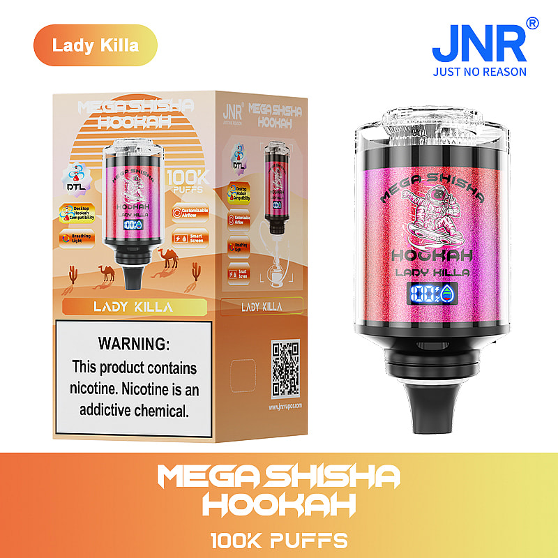 A colorful packaging for the Lady Killa Mega Shisha Hookah, featuring a digital display, a warning label about nicotine, and graphics depicting key features such as 100,000 puffs and versatility for DTL (Direct To Lung) usage.