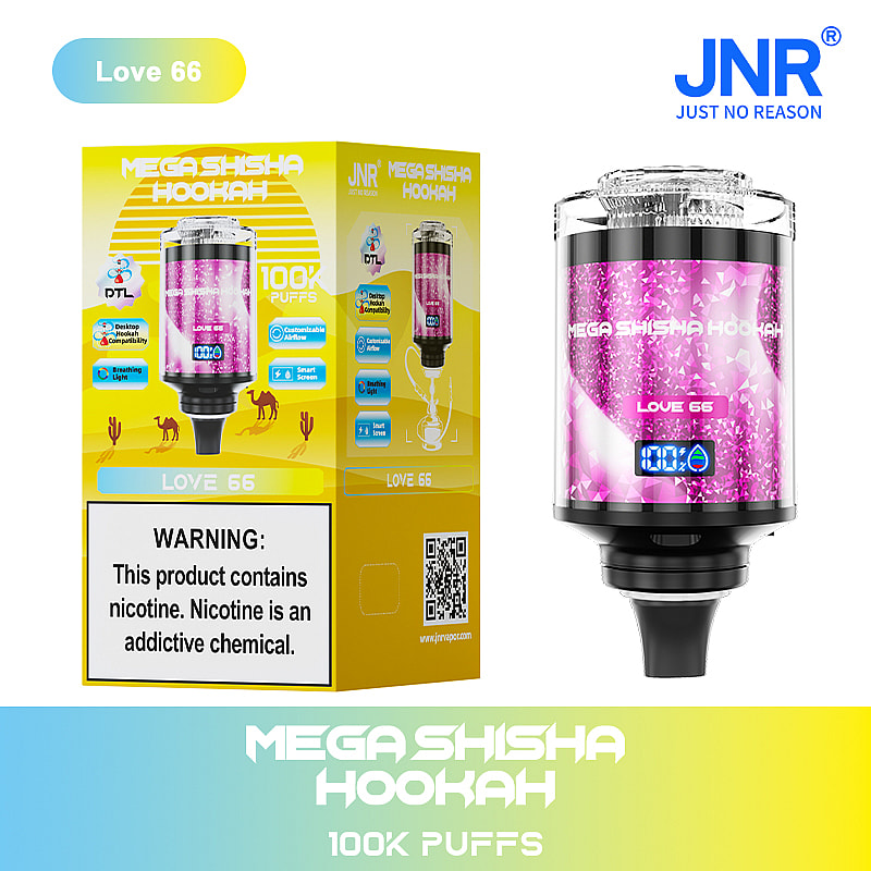 A Mega Shisha Hookah device labeled 'Love 66' with a vibrant pink reservoir, displayed next to its yellow packaging featuring warning labels and product information, emphasizing its capability for 100,000 puffs.