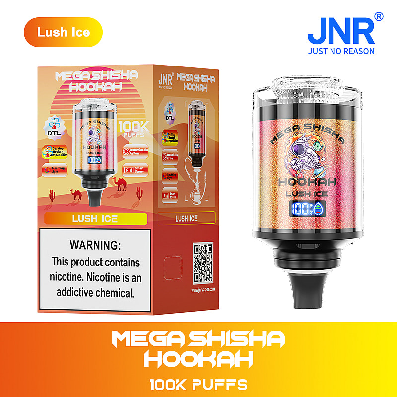 A colorful packaging of the Mega Shisha Hookah labeled 'Lush Ice' with a sleek hookah device on display, featuring a digital puff counter and a warning about nicotine addiction.