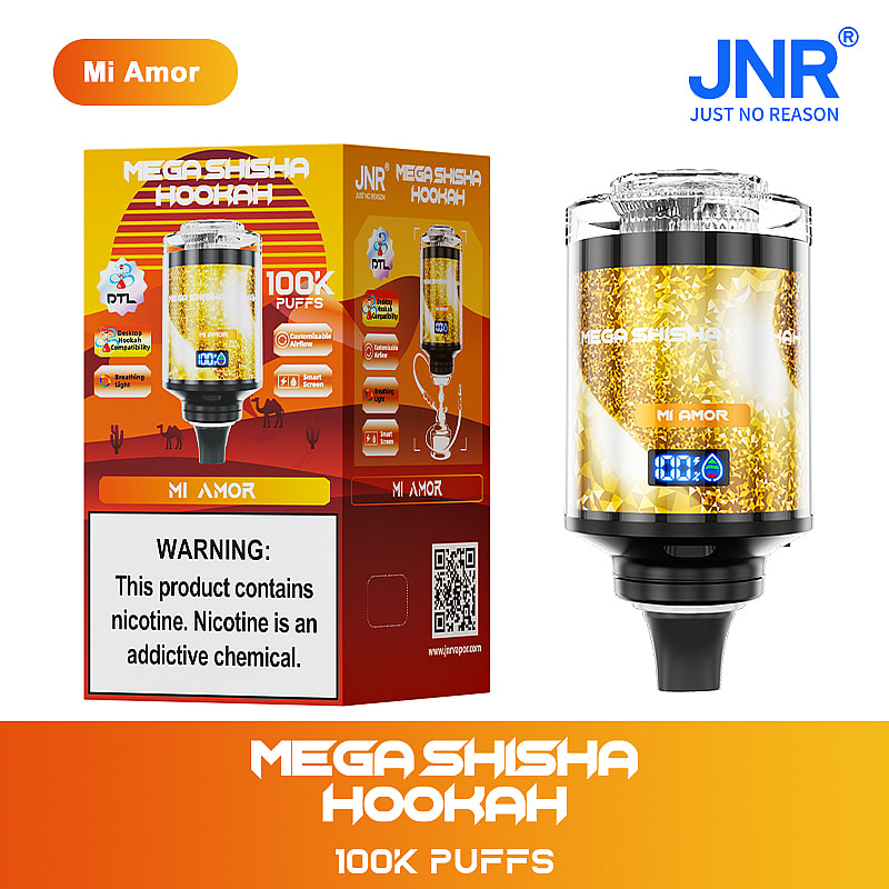 A product display featuring the 'Mi Amor' Mega Shisha Hookah, highlighting its capability for 100,000 puffs, accompanied by warning text regarding nicotine, and colorful packaging design with icons indicating features like DTL compatibility and customizable airflow.