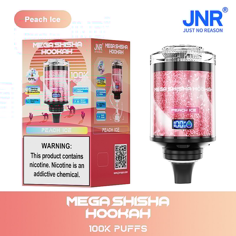 A vibrant, pink-colored MEGA SHISHA HOOKAH with a digital display, packaged in a colorful box labeled 'Peach Ice', indicating it features a peach flavor and can deliver 100,000 puffs, along with a warning about nicotine being an addictive chemical.