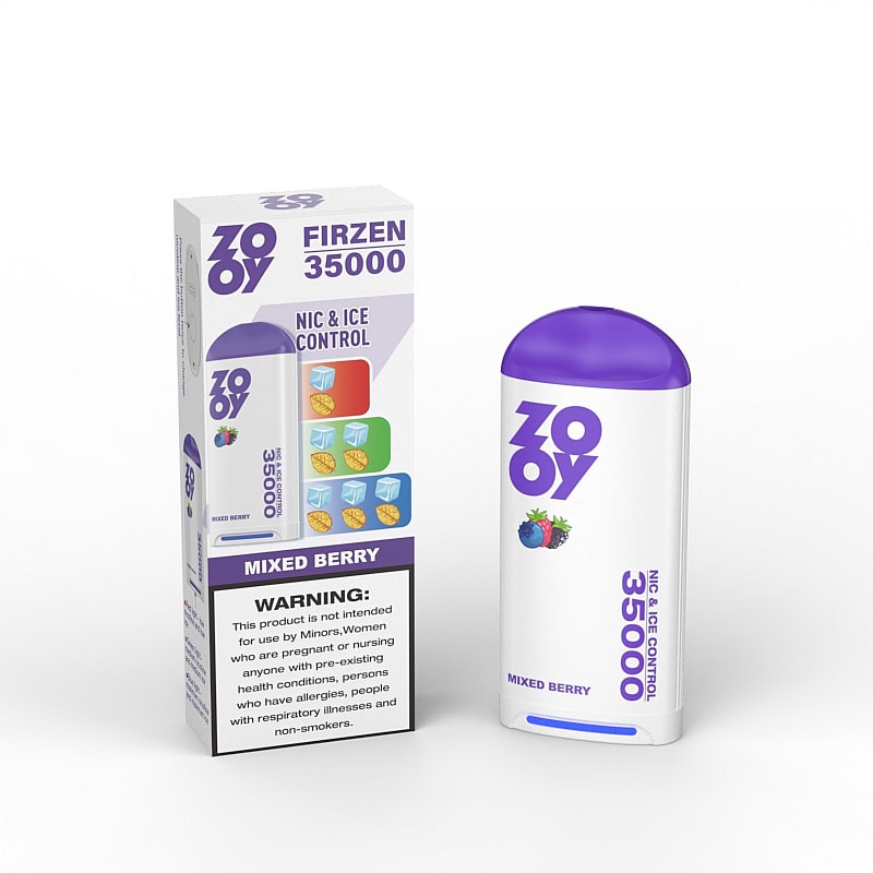 A mixed berry flavored vaping device and its packaging, featuring a sleek white design with a purple top and prominent branding that reads 'ZOOY 35000 NIC & ICE CONTROL', alongside a warning label about responsible use.
