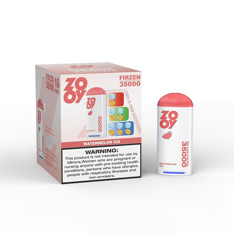 A box of ZOYO Firzen 35000, featuring a bright red and white design, labeled "Watermelon Ice," with a warning about intended use; next to it is a sleek vape device in white with a red cap and a watermelon slice graphic.