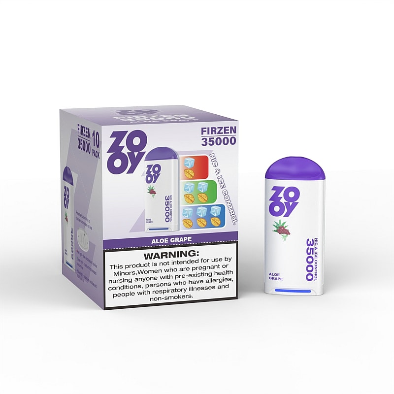 A box of Zooy Firzen 35000 vape pens in Aloe Grape flavor, featuring a white container with a purple cap, alongside a warning label about usage restrictions.
