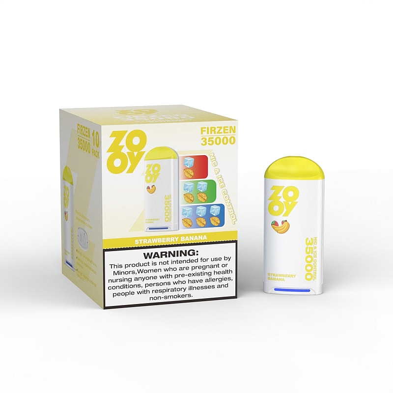 A packaging box and a device for an e-liquid product labeled 'ZOY FIRZEN 35000' with a yellow top, featuring flavors of strawberry and banana, and a warning statement regarding health risks.