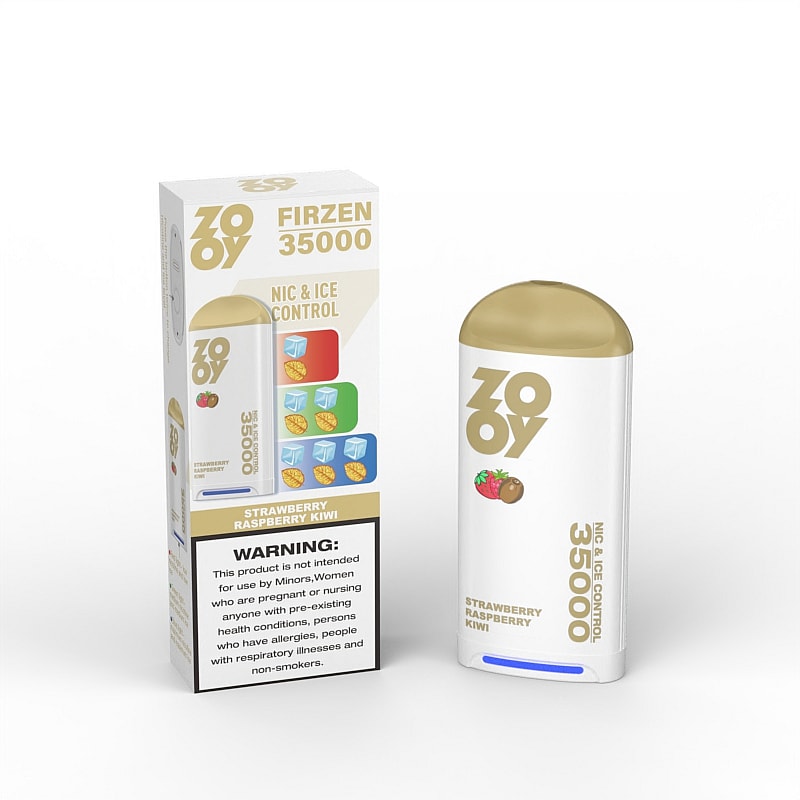 A white and gold electronic vaping device labeled 'ZOY FIRZEN 35000' with 'Strawberry Raspberry Kiwi' flavor, placed next to its colorful box featuring illustrations of fruits and ice, along with a warning about health risks.
