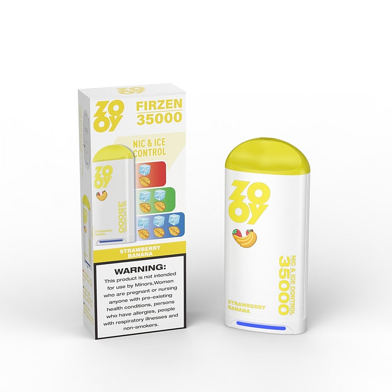 A rechargeable vape device labeled 'ZOY FIRZEN 35000' in white and yellow with a banana illustration, next to its colorful box featuring ice and fruit graphics and a warning label about usage restrictions.