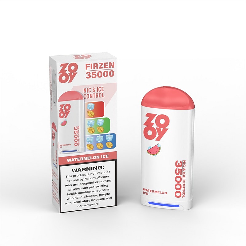 A white and pink vape device labeled 'ZOOY FIRZEN 35000' with 'WATERMELON ICE' on the front and colorful ice and fruit icons, sitting next to its packaging that includes a warning about use restrictions.