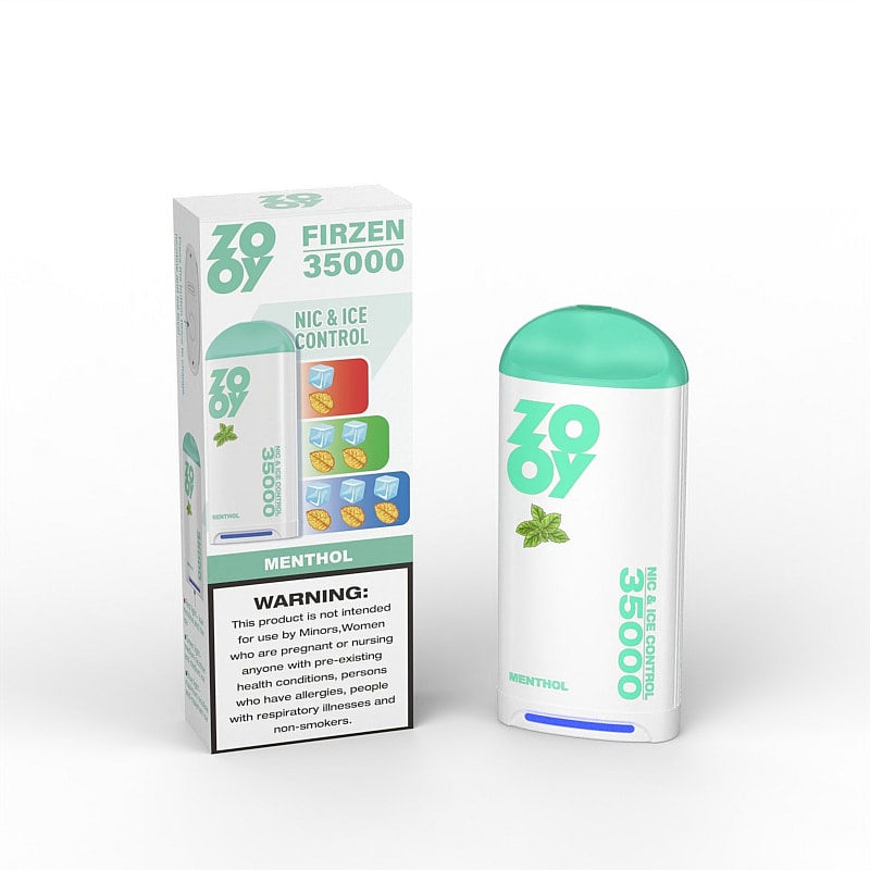 A menthol-flavored vape device labeled 'ZOY FIRZEN 35000' displayed next to its colorful packaging, showcasing features like 'NIC & ICE CONTROL' and a warning about use restrictions, all set against a white background.