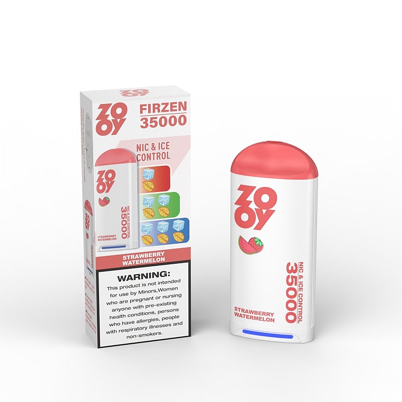 A vape device labeled "ZOYO FIRZEN 35000" in a white and red color scheme, alongside its box, which features a graphic of strawberries and watermelons, warning text, and information about its "NIC & ICE CONTROL" function.
