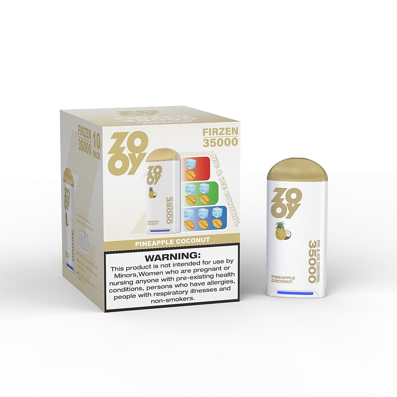A white vape device labeled 'ZOYO' with a golden cap, accompanied by a carton featuring colorful icons and the words 'Pineapple Coconut' and 'FIRZEN 35000' along with a warning about usage restrictions.