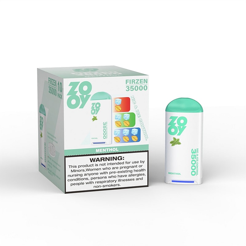 A menthol vape product by Zooy with the label 'FIRZEN 35000', featuring a mint-green top and white body, positioned next to its packaging that shows an assortment of ice and nut graphics, and a prominent warning label.