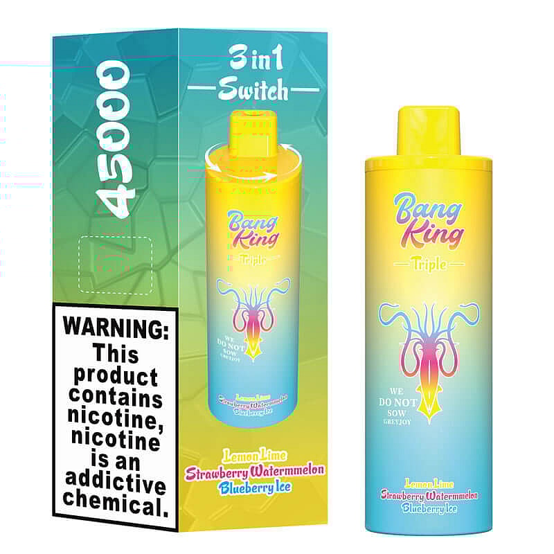 A yellow and blue vape canister labeled "Bang King Triple" featuring a whimsical design with squid-like graphics and a warning about nicotine, showcasing flavors of Lemon Lime, Strawberry Watermelon, and Blueberry Ice on the front.