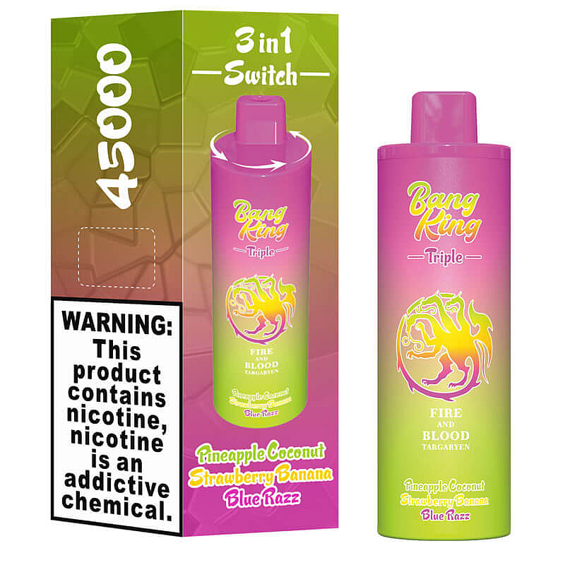 A colorful vape product labeled 'Bang King Triple' featuring a vibrant pink and green design, with text highlighting flavors like 'Pineapple Coconut', 'Strawberry Banana', and 'Blue Razz', along with a prominent warning regarding nicotine.