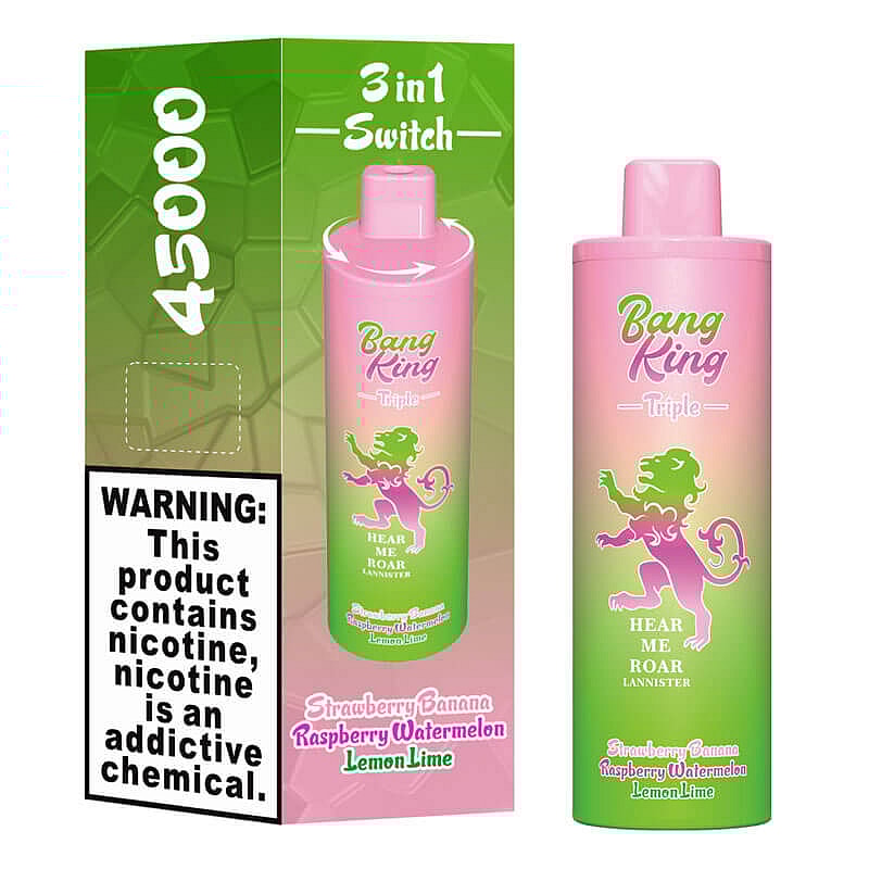 A brightly colored packaging of the Bang King Triple vape with a pink and green gradient, featuring a lion graphic and text that lists flavors: Strawberry Banana, Raspberry Watermelon, and Lemon Lime; includes a warning about nicotine addiction.