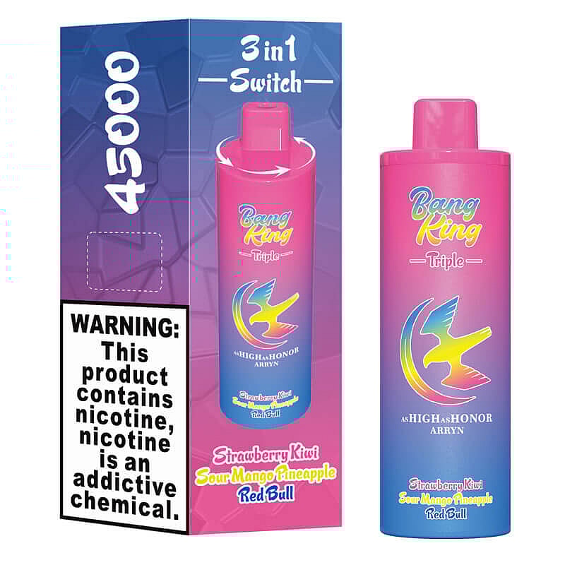 A brightly colored vaping device packaging featuring the 'Bang King Triple' brand, with flavors of Strawberry Kiwi, Sour Mango Pineapple, and Red Bull, along with a prominent warning about nicotine and its addictive nature.