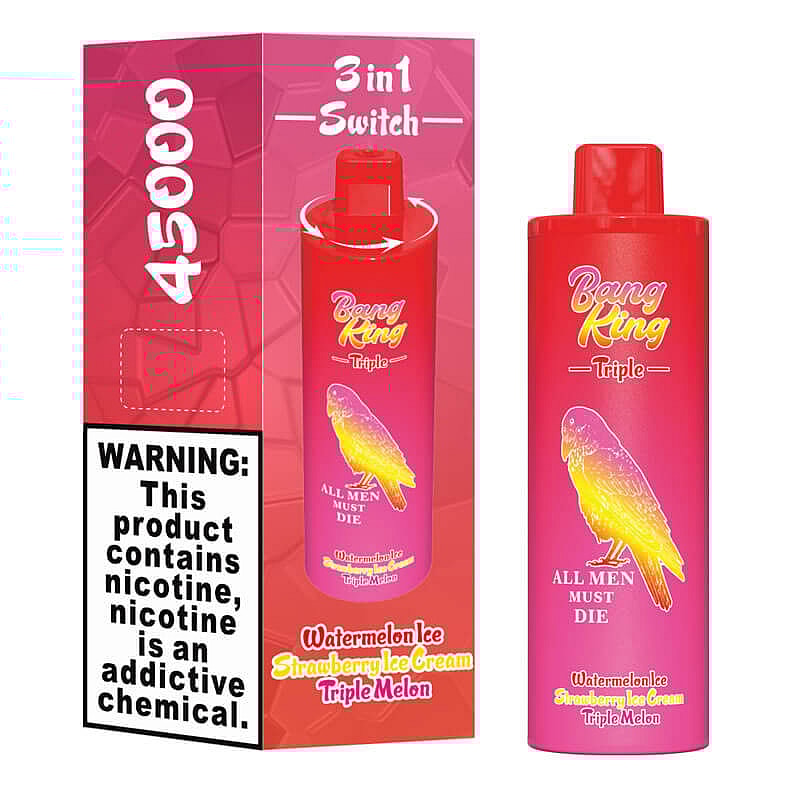 A colorful vape product packaging featuring the 'Bang King Triple' brand, adorned with a yellow and pink parrot illustration and labeled with flavor names including Watermelon Ice and Strawberry Ice Cream, alongside a warning about nicotine.