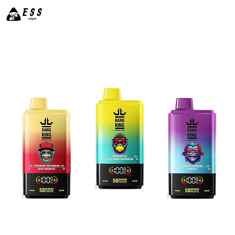 Three colorful vape devices from Bang King, featuring distinct designs: the left device in red and gold labeled 'Strawberry Watermelon Black Dragon Ice', the middle in yellow with 'Blueberry Ice Peach Mango Watermelon', and the right in purple showcasing 'Blueberry Raspberry Grape Ice', all indicating 50,000 puffs on their display.