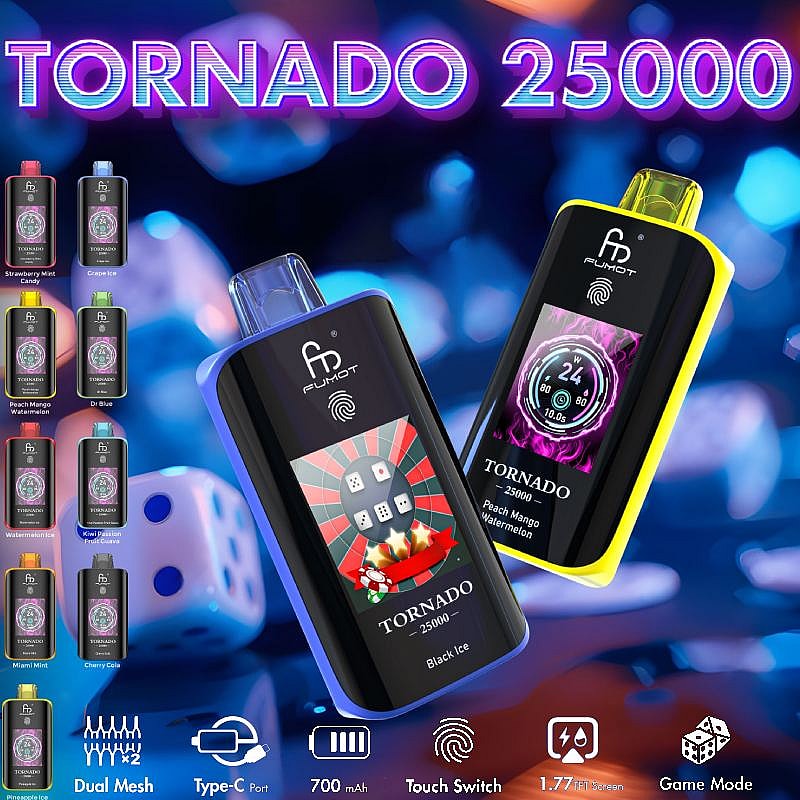 Un'esposizione vivace di due dispositivi elettronici per lo svapo denominati "Tornado 25000" in nero e giallo, che mettono in mostra le opzioni di aromi colorati e uno schermo digitale con varie funzioni come un interruttore touch e un indicatore della durata della batteria, il tutto circondato da effetti di luce astratti blu e viola e dadi sullo sfondo.