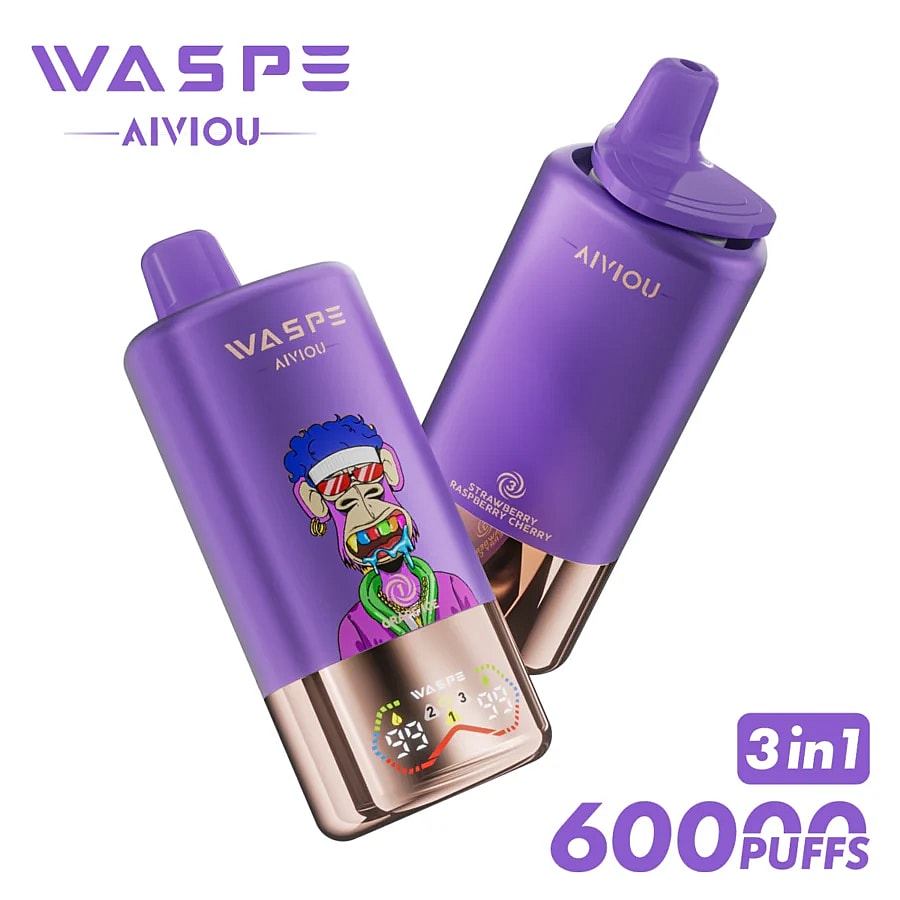 Two purple disposable vape devices, one featuring a cartoon monkey design with accessories, and the other labeled 'Strawberry Raspberry Cherry'; the devices indicate a 60000 puff capacity and 3-in-1 functionality.