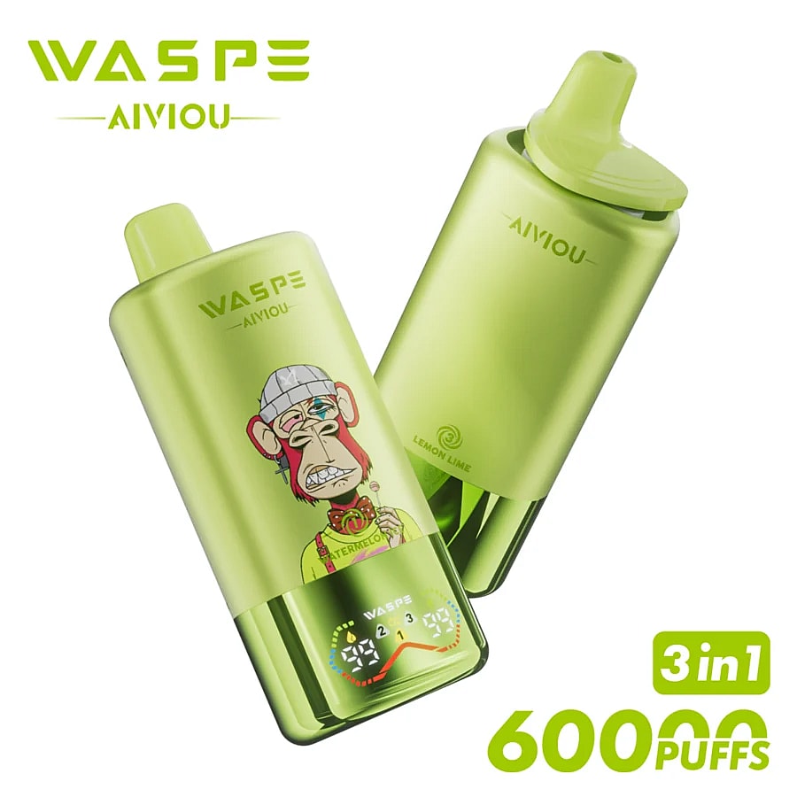 A green vaping device featuring a cartoon monkey design on the front, with a digital display indicating puff count, and labeled with 'WASPE' and 'AIVIOU'.