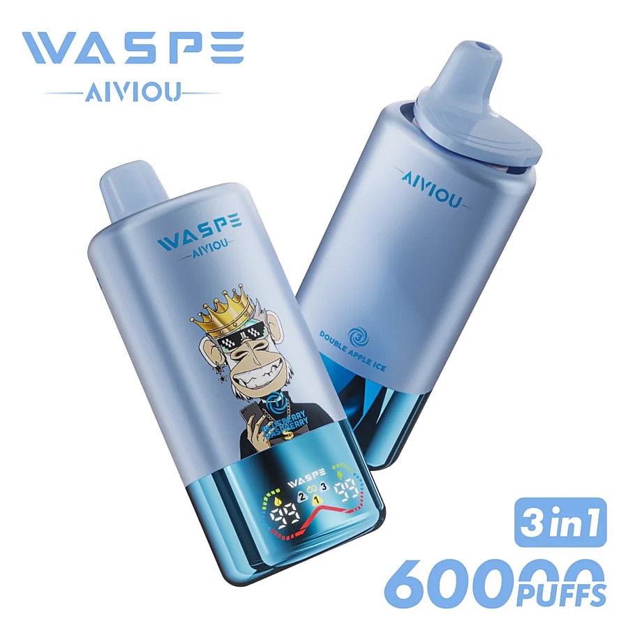 Two blue vape devices labeled 'WASPE AIVIOU', featuring a cartoon monkey with a crown and the flavor description 'DOUBLE APPLE ICE', along with a display showing puff counts and battery status, with the text '3 in 1 60000 PUFFS' in the corner.